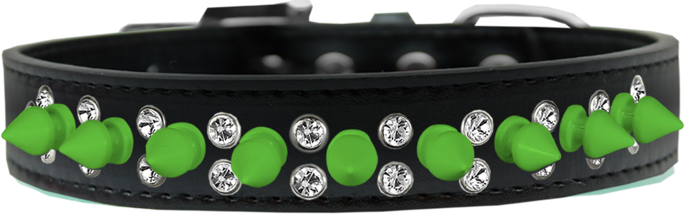 Double Crystal and Neon Green Spikes Dog Collar Black Size 12